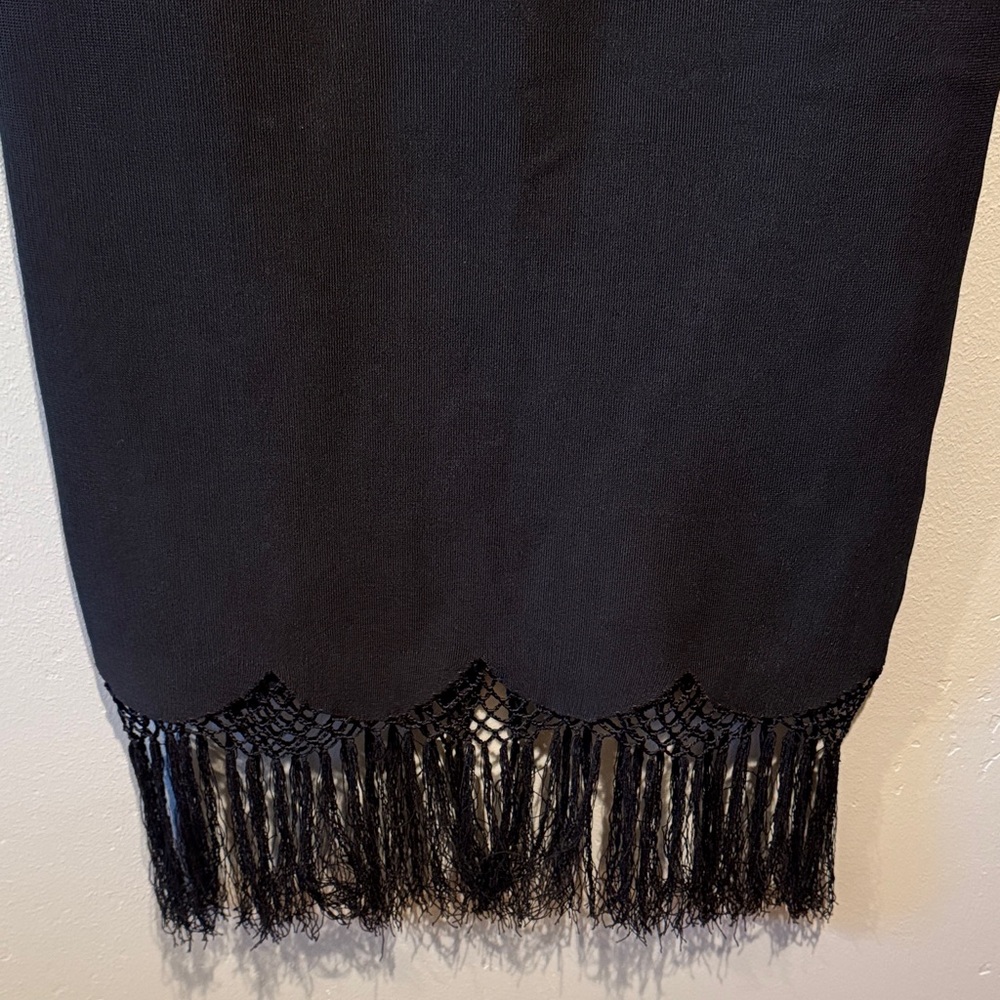 A.L.C Scalloped Black Fringe Hem Pencil Bodycon High Waisted Tassel Skirt - Picture 4 of 13